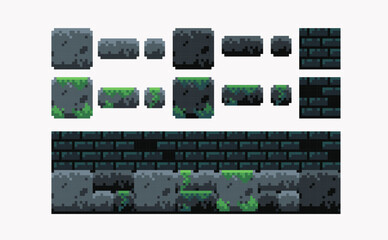 Stone platform pixel art set. Brick walls and floor collection. Square tiles 8 bit. Game development, mobile app. Isolated vector illustration. 