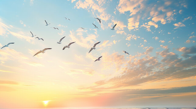 The silence of a summer morning in the sky, full of birds in flight that symbolize new beginnings and upcoming changes.
