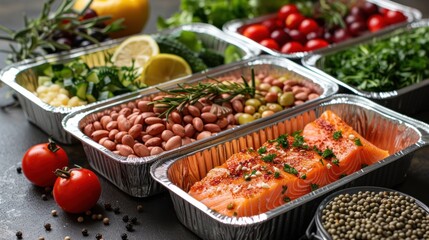 Obraz premium Healthy Meal Prep: Salmon, Beans, and Greens