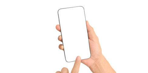 Hand holding smartphone device and touching screen