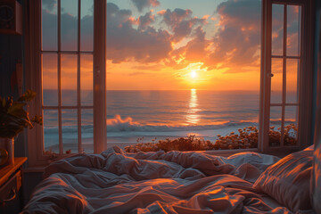 A bedroom with an open window overlooking the ocean, a view of sunset and waves, comfortable bed, soft colors, realistic photography, dreamy atmosphere...