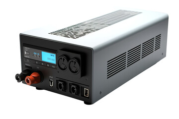 Fototapeta premium Modern Power Inverter With Cooling Vents and Digital Display on a Clear PNG or White Background.