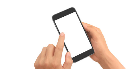 Hand holding smartphone device and touching screen