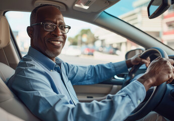 Handsome man driving in his car, smiling and holding the steering wheel with both hands. He is wearing glasses and blue shirt, sitting on black leather seats.
