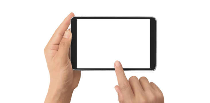 Hand holding smartphone device and touching screen