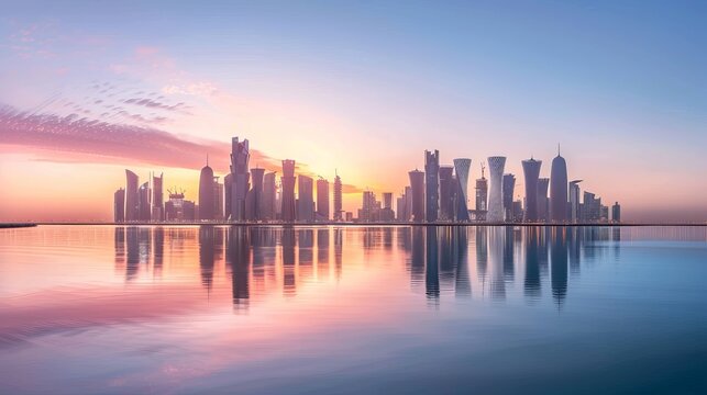 Sunset skyline of Doha, Qatar, showcasing its modern architecture and urban landscape.