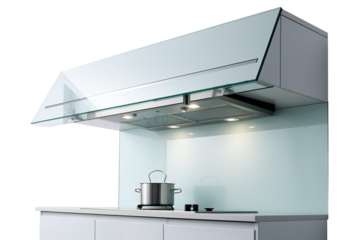 Sleek Modern Kitchen With Glass Range Hood and Pot Ready for Cooking on a Clear PNG or White Background.