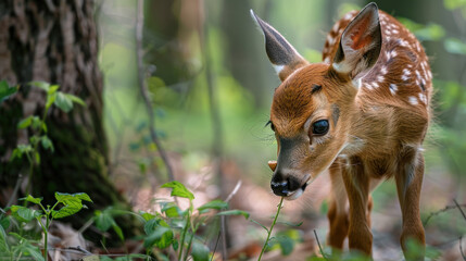 a nature photo of a roe deer eating small shoots in the forest, photo from the side and from a distance
