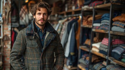 Fototapeta premium Man in a Plaid Coat Standing in a Clothing Store