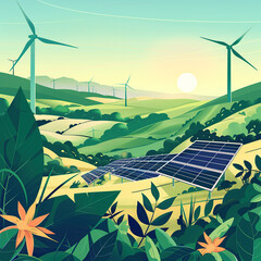 A flat illustration of solar panels and wind turbines in the countryside