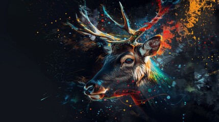 Abstract Deer Portrait with Colorful Splashes