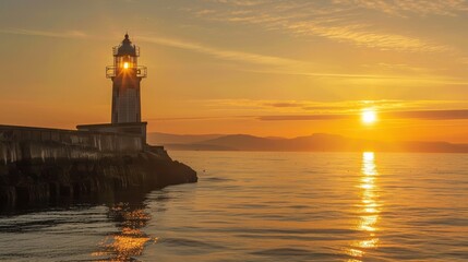 Fototapeta premium As the sun rises the solar powered lighthouses bright light fades away allowing the natural light to guide ships through the calm morning waters.