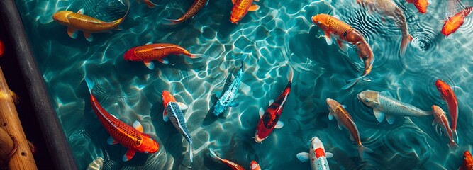 Top view of Japanese koi fish swimming in decorative aquarium.