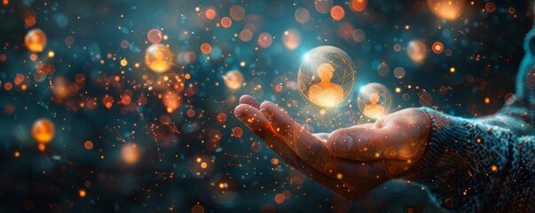 Businessman's hand holding glowing network icons representing digital connections and social networks