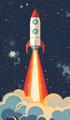 Fototapeta premium Cartoon rocket launching into the star-filled sky with colorful flames and clouds
