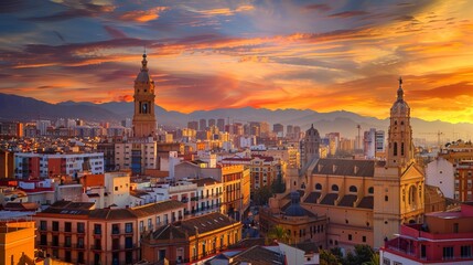 Naklejka premium The cityscape of Malaga, Spain, is captured at sunset, showcasing the beautiful Cathedral of the Incarnation.