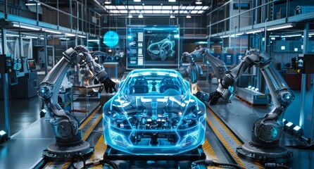 Futuristic car factory with robotic arms assembling a high-tech automobile