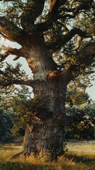 Obraz premium Large oak tree in a meadow during a summer afternoon, nature concept