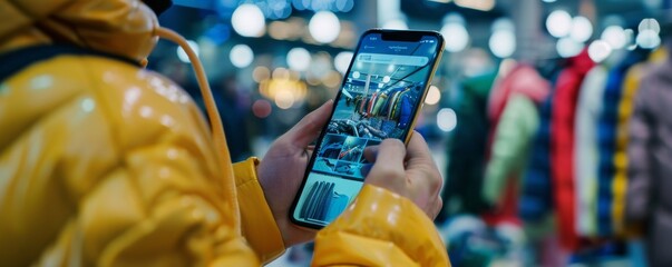 Person shopping for clothes online using a smartphone in a busy store