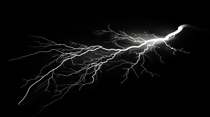 A powerful lightning bolt with branching tendrils is isolated against a black background, showcasing its raw energy and natural beauty.