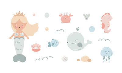 Set with cute mermaid and sea animals. Mermaid, crab, whale, seahorse, jellyfish, shell, pearl, fish. Isolated cartoon flat objects on white background. Marine kids design.