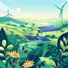 A flat illustration of solar panels and wind turbines in the countryside