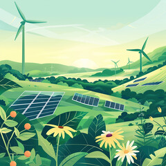 A flat illustration of solar panels and wind turbines in the countryside