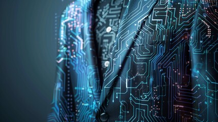 A suit integrated into a digital graphic with circuit board patterns overlaying the fabric for a tech savvy aesthetic