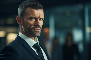 Fototapeta premium Designed with generative ai technology photo of handsome elegant gentleman strict boss office worker