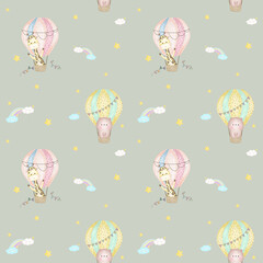 Sky Happy Baloon Seamless Patterns
with bear and giraffe in hot air ballons, clouds, rainbow and stars. Hand drawn watercolor illustration for wallpapers or textile, isolated print for your design.