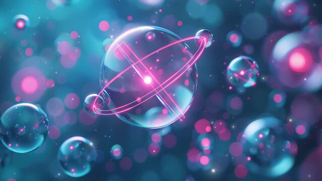 A vector illustration of an atom with glowing neon colored. Abstract futuristic neon colorful atom model. Abstract background with an atom. Science. Atomic structure.
