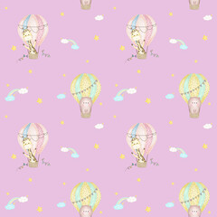 Sky Happy Baloon Seamless Patterns
with bear and giraffe in hot air ballons, clouds, rainbow and stars. Hand drawn watercolor illustration for wallpapers or textile, isolated print for your design.
