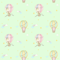 Sky Happy Baloon Seamless Patterns
with bear and giraffe in hot air ballons, clouds, rainbow and stars. Hand drawn watercolor illustration for wallpapers or textile, isolated print for your design.