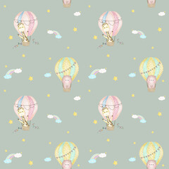Sky Happy Baloon Seamless Patterns
with bear and giraffe in hot air ballons, clouds, rainbow and stars. Hand drawn watercolor illustration for wallpapers or textile, isolated print for your design.
