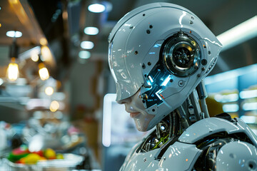 Fototapeta premium Generative AI creative picture Robot cyborg in activities of daily life house duties living together with people