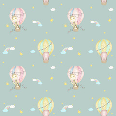 Sky Happy Baloon Seamless Patterns
with bear and giraffe in hot air ballons, clouds, rainbow and stars. Hand drawn watercolor illustration for wallpapers or textile, isolated print for your design.