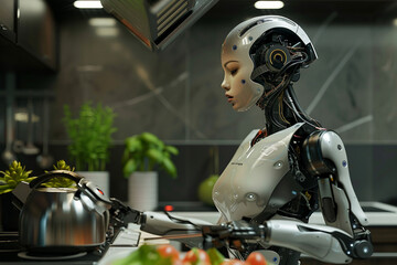 Fototapeta premium Generative AI creative picture Robot cyborg in activities of daily life house duties living together with people