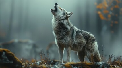 Obraz premium Wolf Howling in a Misty Forest