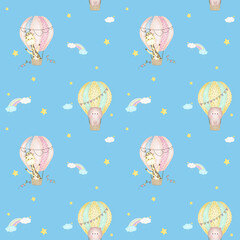 Sky Happy Baloon Seamless Patterns
with bear and giraffe in hot air ballons, clouds, rainbow and stars. Hand drawn watercolor illustration for wallpapers or textile, isolated print for your design.