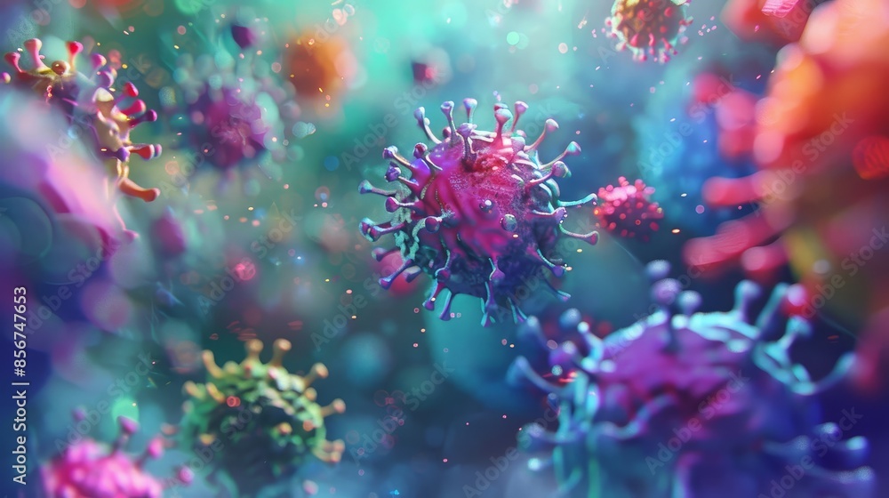 Poster vibrant 3d render of virus particles - a 3d illustration of virus particles with vibrant colors agai