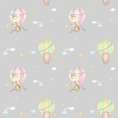 Sky Happy Baloon Seamless Patterns
with bear and giraffe in hot air ballons, clouds, rainbow and stars. Hand drawn watercolor illustration for wallpapers or textile, isolated print for your design.