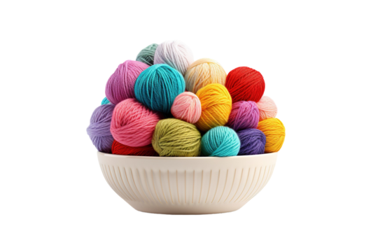 A Colorful Yarn Symphony in a White Bowl on a Clear PNG or White Background.