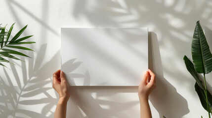 A pair of hands holds a horizontal A4 white canvas mockup in a white themed room.
