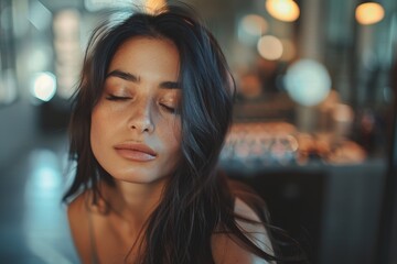 Obraz premium Woman with cat-eye makeup in a serene setting.