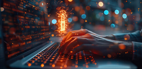 A person typing on their laptop with an illuminated padlock icon floating above the keyboard, surrounded by digital code and cyber security symbols. 