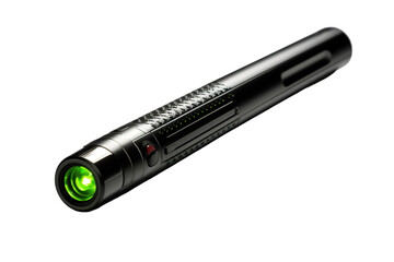 Sleek Black Tactical Laser Pointer With Green Beam on a Clear PNG or White Background.