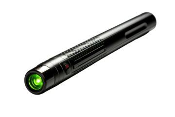 Sleek Black Tactical Laser Pointer With Green Beam on a Clear PNG or White Background.
