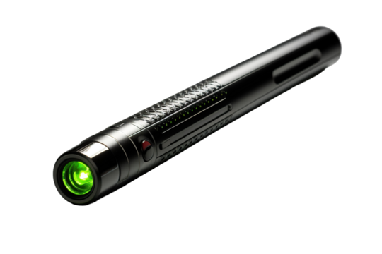 Sleek Black Tactical Laser Pointer With Green Beam on a Clear PNG or White Background.