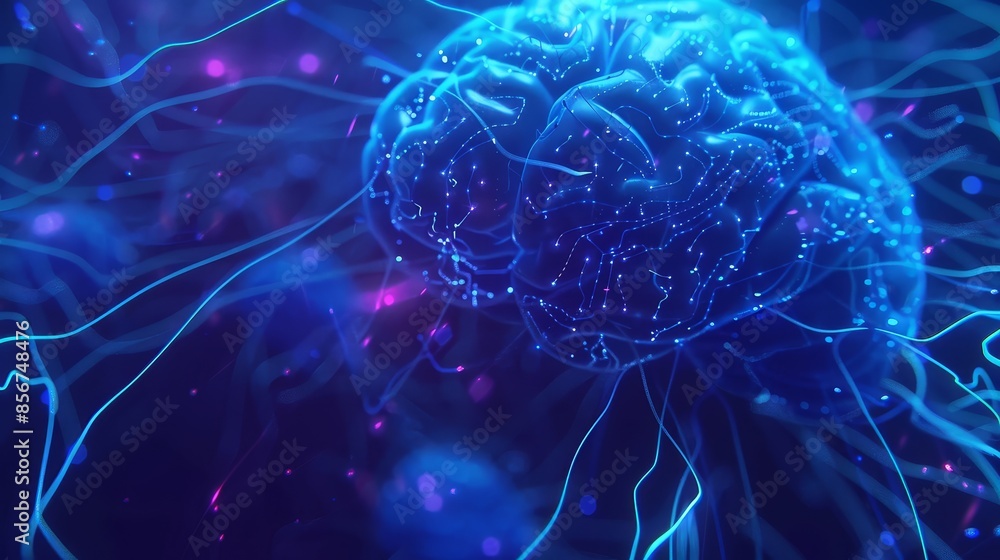 Poster digital brain neural network with lights - a digital representation of a brain with neural networks 