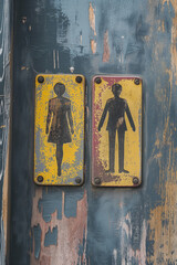 Signs with male and female symbols on a wooden wall